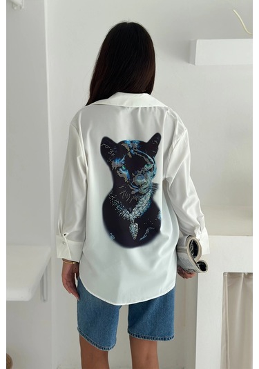 Jaguar Desen Baskılı Taşlı Gömlek Beyaz