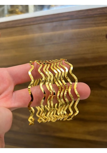 Altın Renk 6 Adet 22 Ayar Kaplama Zikzak Ajda Bilezik Bileklik 22 Cm. - 3288-6 Çok Renkli