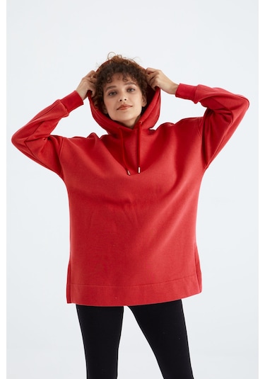 Tommy Life Fiesta Reglan Kol Basic Kapüşonlu Oversize Sweatshirt Tunik - 97242 Kırmızı