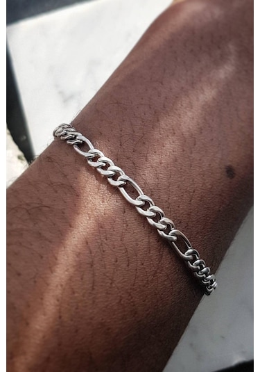 Figaro 3E1 Çelik Künye Erkek Bileklik Zincir  Ack06B Beyaz