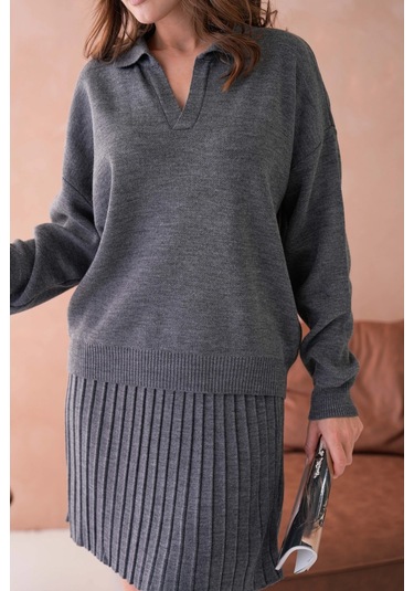 Kadın Polo Yaka Düşük Kol Kazak Kısa Etek İkili Triko Takım Antrasit