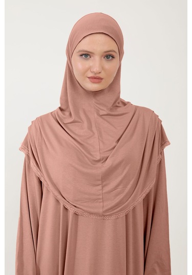 Kadın Tesettür Pamuklu Başörtülü Namaz Elbisesi Dantelli Tek Parça Penye Kumaş Gül Kurusu