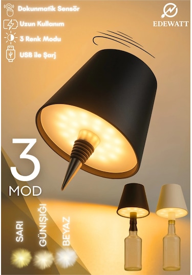 Kablosuz Şişe Lambası - Şarjlı Abajur Masa Işığı Dokunmatik Şişe İçin Led Siyah Beyaz Seçenek Çok Renkli