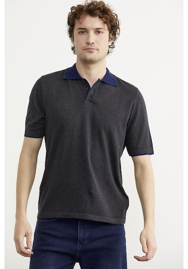 Pamuk Polo Yaka Kısa Kol Triko Tişört - Antrasit Antrasit