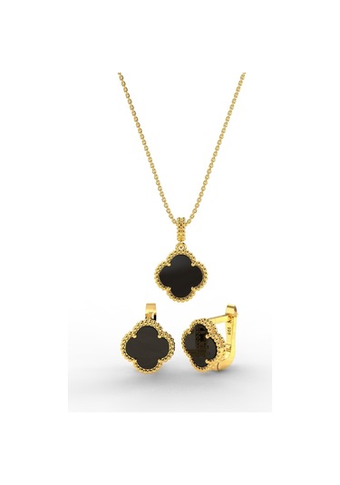 925 Ayar Oniks Taşlı Gold Van Cleef Yonca Kolye Küpe 2'li Gümüş Set-takım
