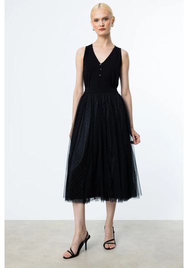 Ekol Kadın Kendinden Desenli Tül Etek 1526 Siyah Siyah