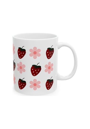 Çilek Ve Çiçeği Desenli Hediyelik Baskılı Porselen Beyaz Lüks Kupa Bardak Beyaz