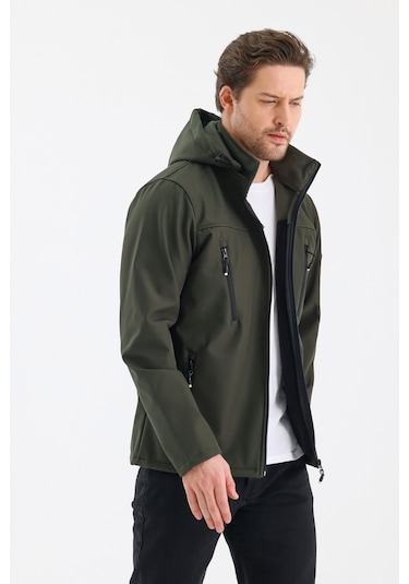 Çıkartılabilen Fermuarlı Kapüşon Cepli İçi Polarlı Su Geçirmez Softshell Erkek Mont Haki Haki