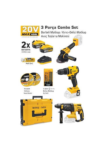 Sgs SGS5532 20 Volt 4 Amper Akülü Vidalama Matkap + SGS5521 Kırıcı Delici + SGS5510  Avuç Taşlama Combo Set 3 Parça