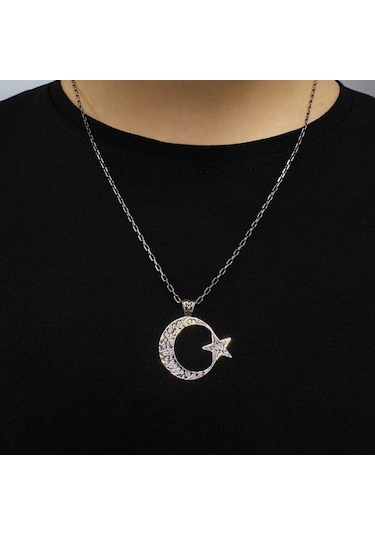 Modasilvers 925 Ayar Gümüş Kelime-i Tevhid Yazılı Ayyıldız Erkek Kolye Gümüş