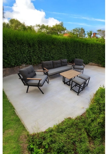 Pilocca Bahçe Balkon Mobilyası Gri Antrasit 3+1+1 Sehpa 2 Gri Puf Antrasit - Gri
