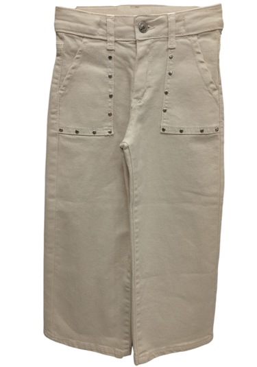 Kız Çocuk Cep Üzeri Zımba Detaylı Geniş Paça Modelli Beli Lastik Ayarlamalı Bej Renk Pantolon Bej