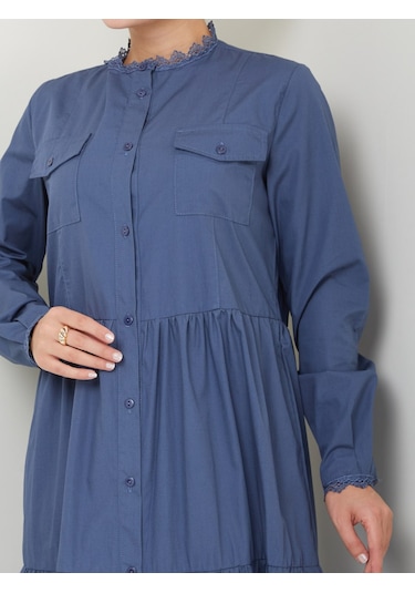 Dantelli Doğal Kumaşlı Boydan Düğmeli Kot Elbise İndigo