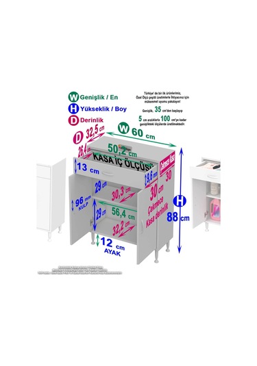60 X 88 X 32,5 Cm 1 Çekmece 1 Raf 2 Bölmeli Organizatör Düzenleyici Çok Amaçlı Mutfak Dolabı Beyaz