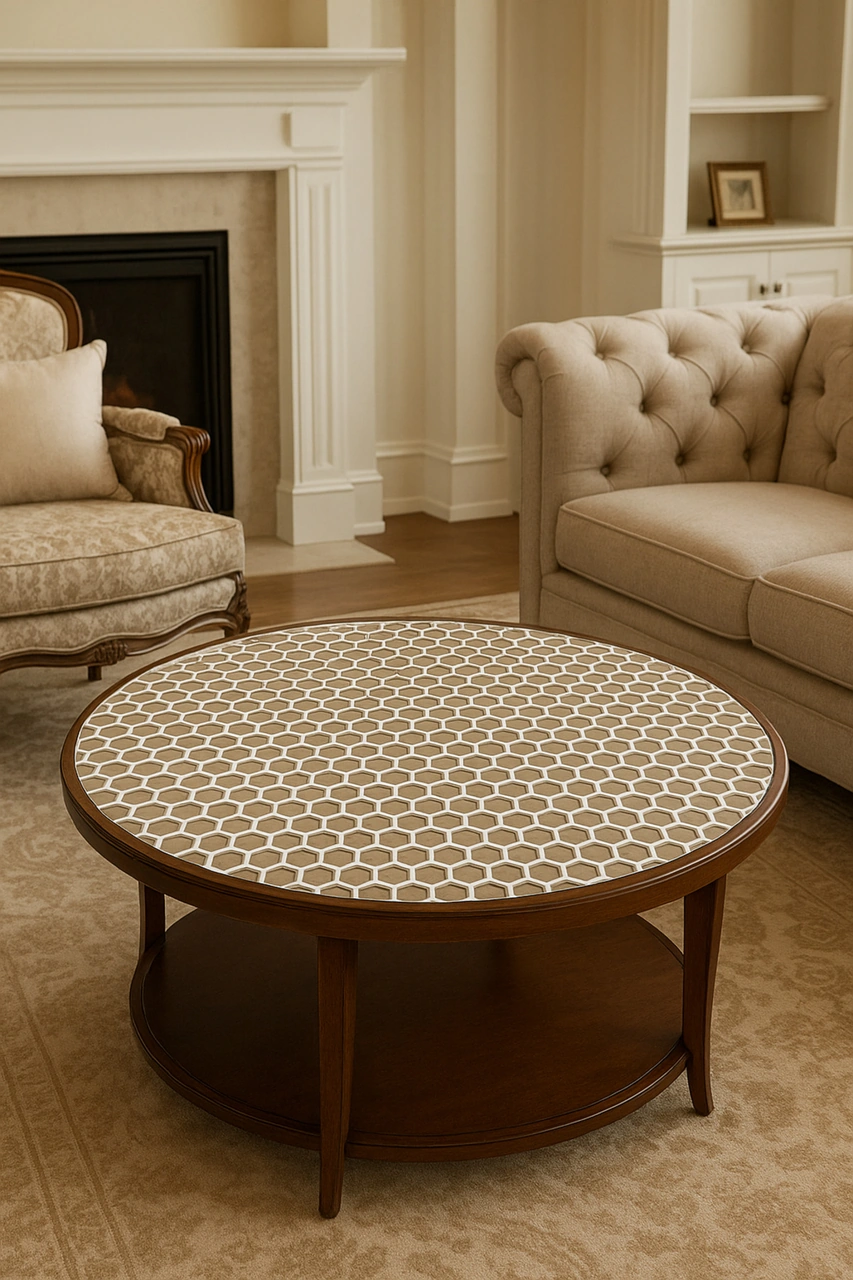 Rona Home Yuvarlak Orta Sehpa Lüks Hasır Pvc Şeffaf Petek Desen Masa Örtüsü Silinebilir, Çeyizlik Beyaz