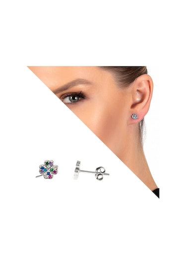Tesbihane Multicolor Zirkon Taşlı Yonca Yaprağı Tasarım 925 Ayar Gümüş Kadı