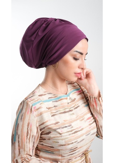 Mürdüm Pratik Hazır Geçmeli Tesettür Bone Sandy Kumaş Büzgülü 211 Mürdüm