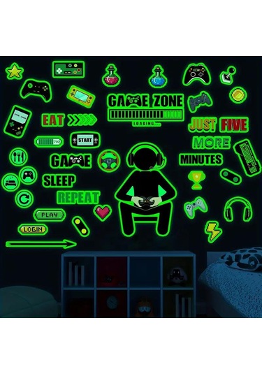 Geekyou Oyun Odası Dekorasyonu Işıklı Oyun Sticker'ları - Kontrolcü, Konsol, Motivasyonel Sözler İle Oyuncu Odası Ve Yatak Odası Duvar Dekoru 30x20 Cm Beyaz