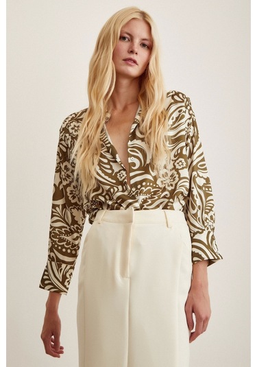 Never More Çiçek Desenli Gömlek Haki