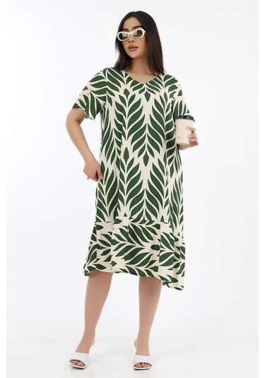 Kadın Viskon Yarım Kol V Yaka Fırfırlı Elbise Haki Haki