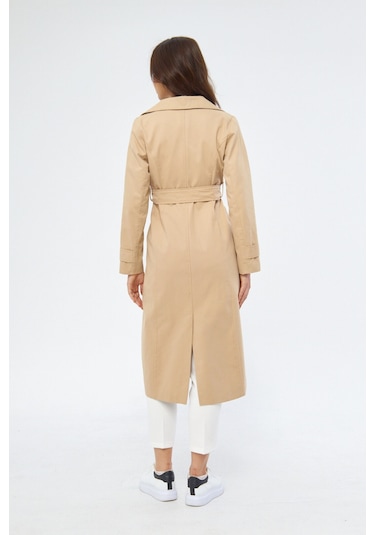 %100 Pamuk Ekstra Uzun 120cm Kruvaze Kadın Trençkot 1121 Açık Bej