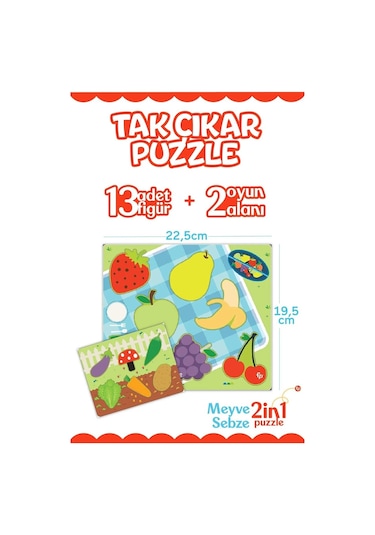 Eğitici Tak-çıkar Puzzle Seti Hayvanlar + Meyve Sebze 2 Li Set 3+