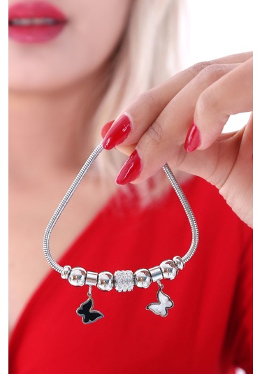 Kadın Taşlı Kelebek Çelik Bileklik Altın Kaplama Gümüş Renk Altın