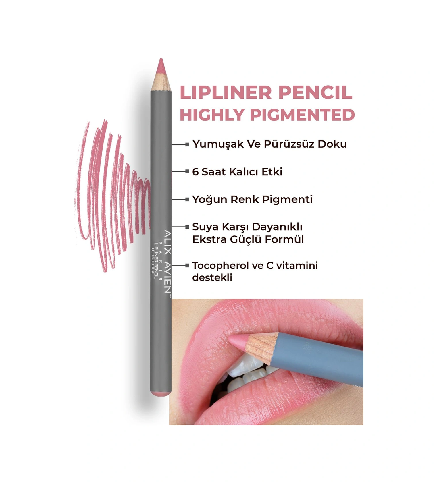 Alix Avien Uzun Süre Kalıcı Dağılma Yapmayan Nemlendirici Dudak Kalemi Lipliner Pencil 11 True Rose