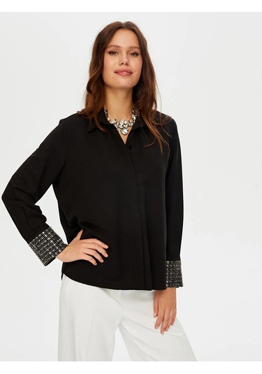 Faik Sönmez Kolları Boncuk Payet İşli Şık Kadın Gömlek W26gml011 Siyah