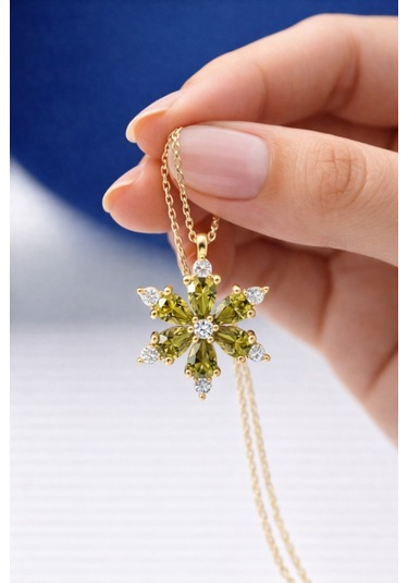Çekirdekjewelry 925 Ayar Gümüş Zeytinyağı Taşlı Kamelya Çiçeği Kolye Sarı Zeytinyağı