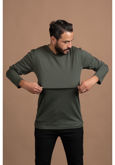 Regular Fit Bisiklet Yaka Rayon Kumaş Full Likralı Uzun Kol Sweatshirt Yeşil