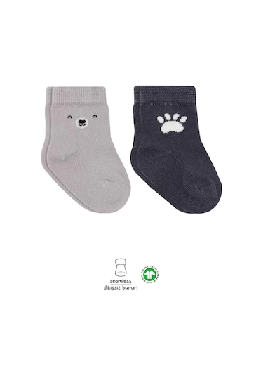 Melonika Bear Penye Soket Çorap 2'li Gri Çok Renkli
