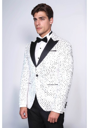 Pul Desenli Beyaz Damatlık Ceket - Wessi White