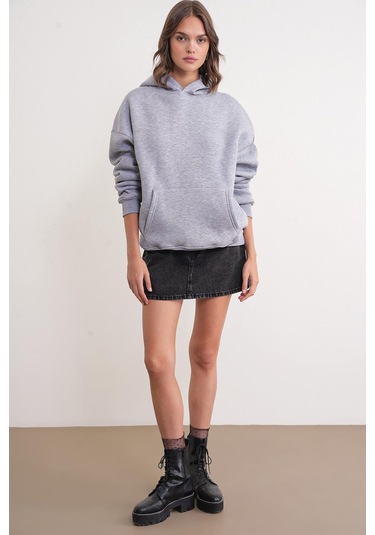 2022 Unisex 3iplik Basic Polarlı Kapüşonlu Sweatshirt Hoodie Gri Gri