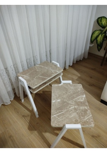 Zigon Sehpa 3'lü Mermer Desenli Tepsi Model Açık Mermer Desen Beyaz Ayak Mermer Desenli