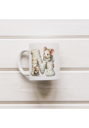 M Harfi Tasarım Bardak, Sevimli Hayvan Temalı Harf Bardağı Beyaz