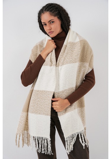 Kadın Yumuşak Dokulu Kalın Şal Atkı 15951 - Vizon Vizon