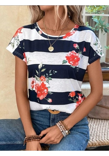 Kadın Çiçek Desenli Yatay Şeritli Bisiklet Yaka Tişört S
