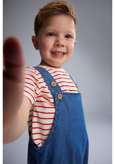 DeFacto Erkek Bebek 2'li Takım Çizgili Kısa Kollu Tişört Jean Salopet Tulum E7934A525SMBE394 Mavi
