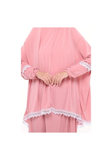 Kadın İki Parça Likra Sandy Kumaş Dantelli Kollu Namaz Elbisesi Pembe Antrasit