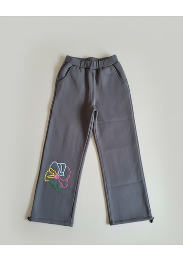 Kız Çocuk Çiçek Nakışlı 3 İplik Şardonlu Eşofman Takımı Gri