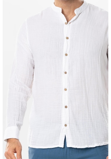 Uzun Kol Hakim Yaka Erkek Müslin Yazlık Gömlek Beyaz Byz-beyaz Beyaz