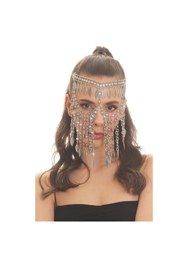 Kadın Antik Gümüş Kaplama Yaprak Charm Detaylı Ayarlanabilir El Yapımı Peçe, Yüz Zinciri Gümüş