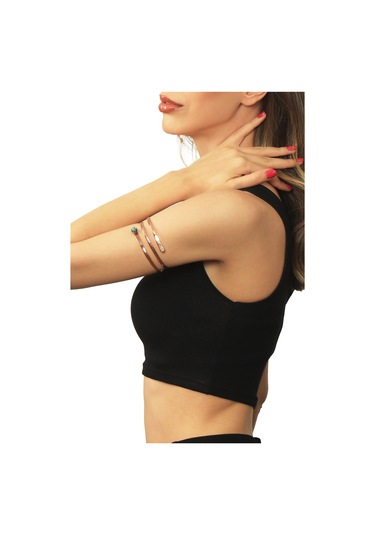 Çift Sıra Dolama Model Turkuaz Taş Detaylı Ayarlanabilir Açık Band El Yapımı Bakır Üst Kol Aksesuarı Rose Gold