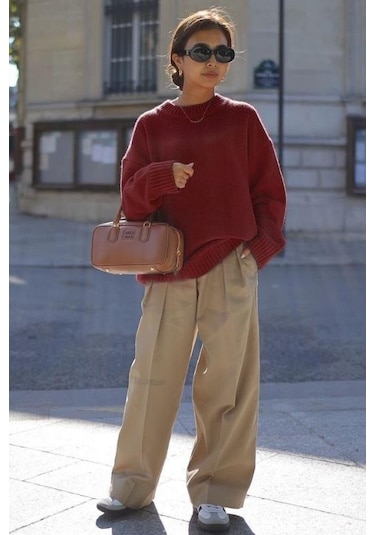 Bordo Bisiklet Yaka Oversize Triko Kazak Mg1972 Bordo