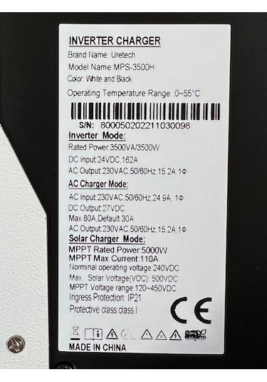 Uretech 3KVA 3KW 3500VA 3500 Watt Tam Sinüs Mppt 110A Akıllı İnverter 24Vdc-220Vac Bataryasız Çalışabilme Özellikli