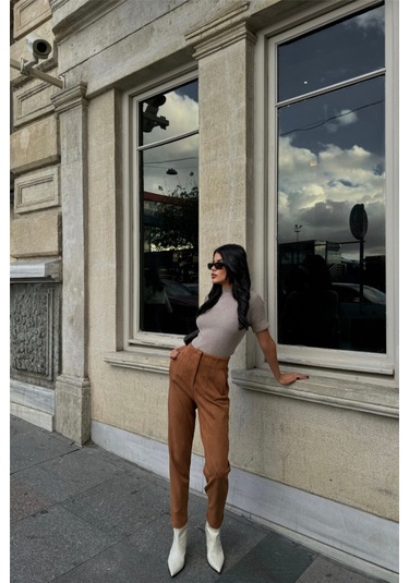 Gülsüm Aydın Süet Pantolon Pensli - Taba Taba