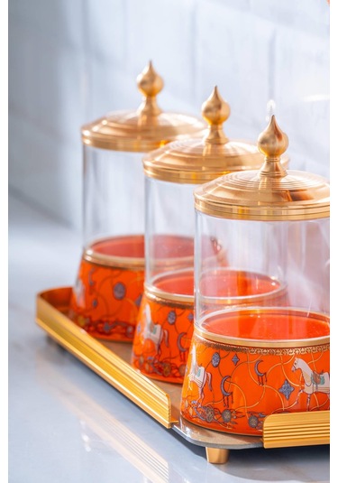 Passifolia 4 Parça Tepsili Cam Baharat Kavanoz Seti Turuncu
