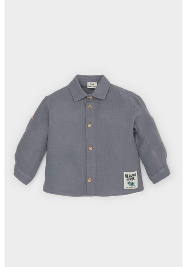 DeFacto Erkek Bebek Dokuma Etiketli Müslin Uzun Kollu Gömlek E2002A525SPGR452 Gri