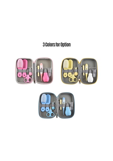 Vkemall Bebek Bakım 8'li Set: Tırnak Kırıcı, Fırça, Tarak, Burun Emici, Parmak Fırçası, Elektronik Termometre + Depolama Kutusu Mavi